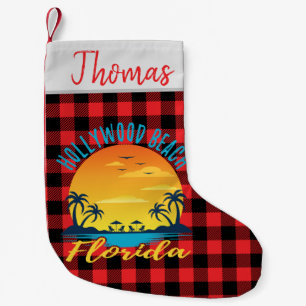 Hollywood Beach Florida Retro Sunset Red Plaid Small Christmas Stocking