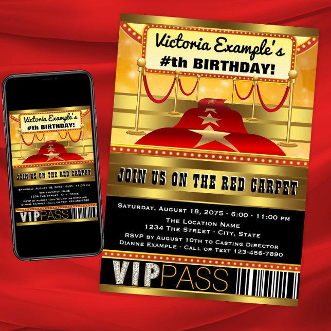 Hollywood Birthday Party Invitations (Hollywood red carpet party and event invitation. Instant download and print files available.)