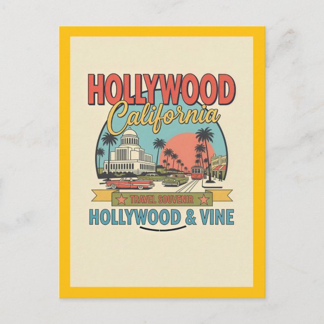 Hollywood, CA – Hollywood and Vine Retro Postcard (Front)