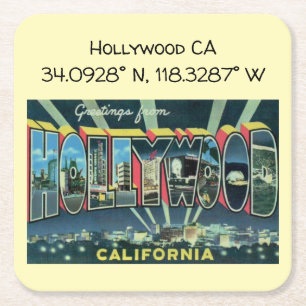 Hollywood CA Map Coordinates Vintage Style Square Paper Coaster