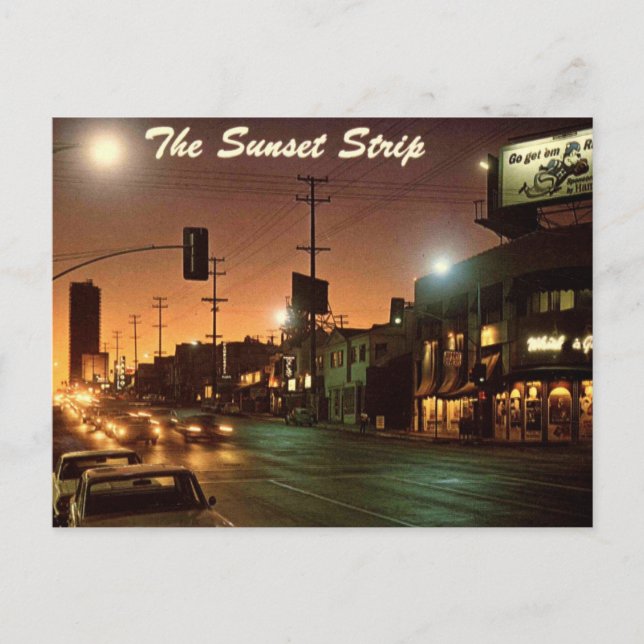 Hollywood CA Sunset Strip 1960s Retro Vintage Postcard (Front)