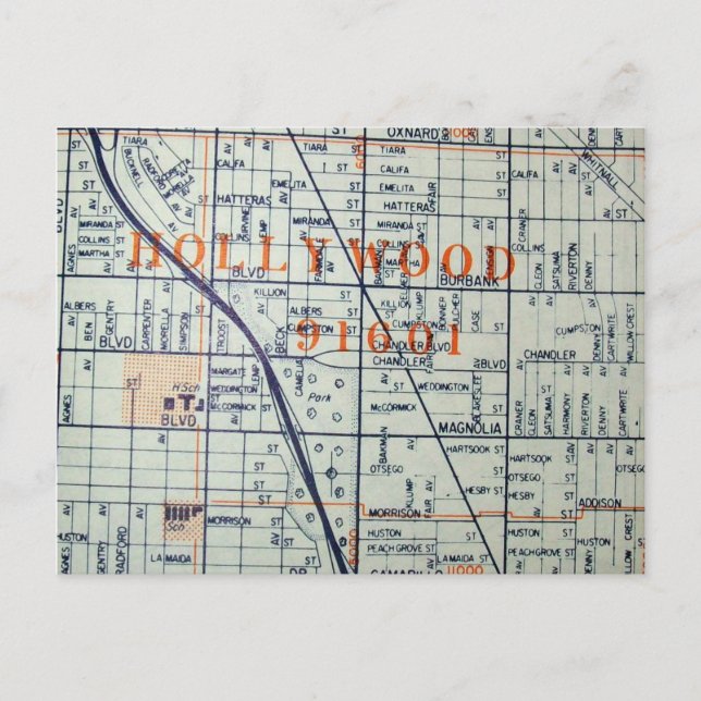 HOLLYWOOD, CA Vintage Map Postcard (Front)