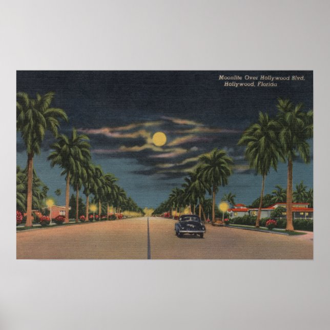 Hollywood, FL - Moonlight View over Hollywood Poster (Front)