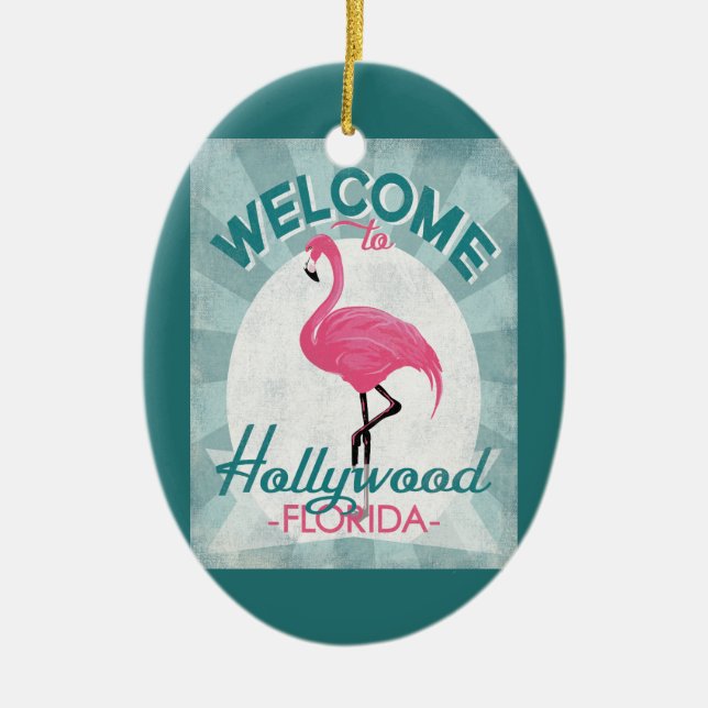 Hollywood Florida Pink Flamingo Retro Ceramic Tree Decoration (Front)