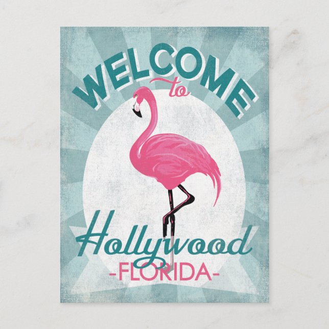 Hollywood Florida Pink Flamingo Retro Postcard (Front)