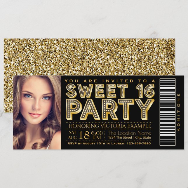 Hollywood Glam Sweet 16 Ticket Black and Gold Invitation (Front/Back)