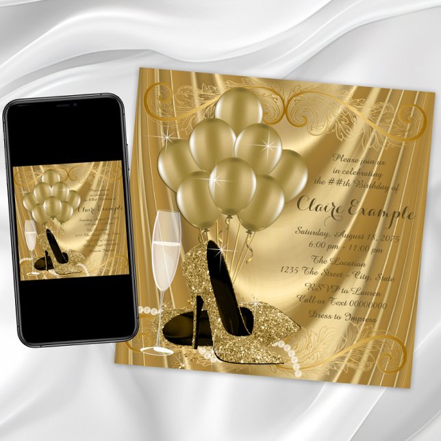 Hollywood Glamour Gold Birthday Party Invitation (Gold high heel shoe birthday invitation with gold shoes on a gold swirl background. Any event.)