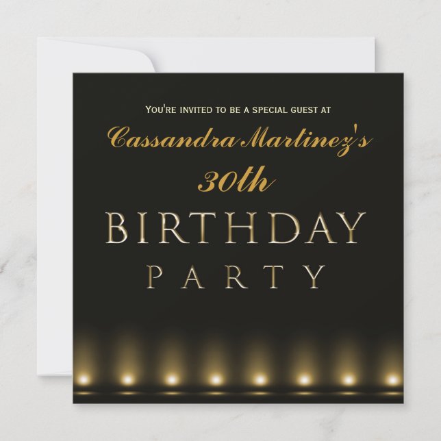 Hollywood Lights Black Gold Birthday Invitation (Front)