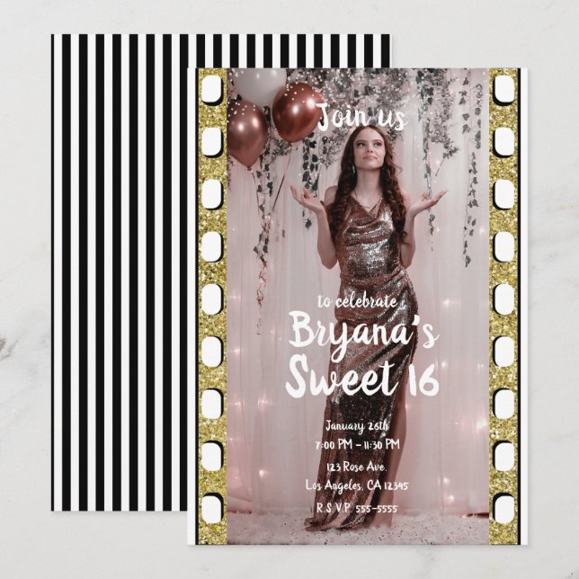 Hollywood Movie Gold Glitter Film Sweet 16 Party Invitation (Front/Back)