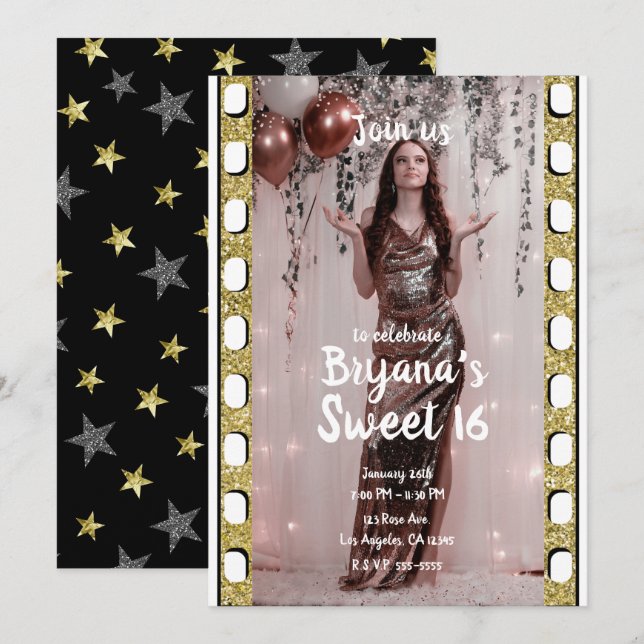 Hollywood Movie Gold Silver Stars Sweet 16 Photo I Invitation (Front/Back)