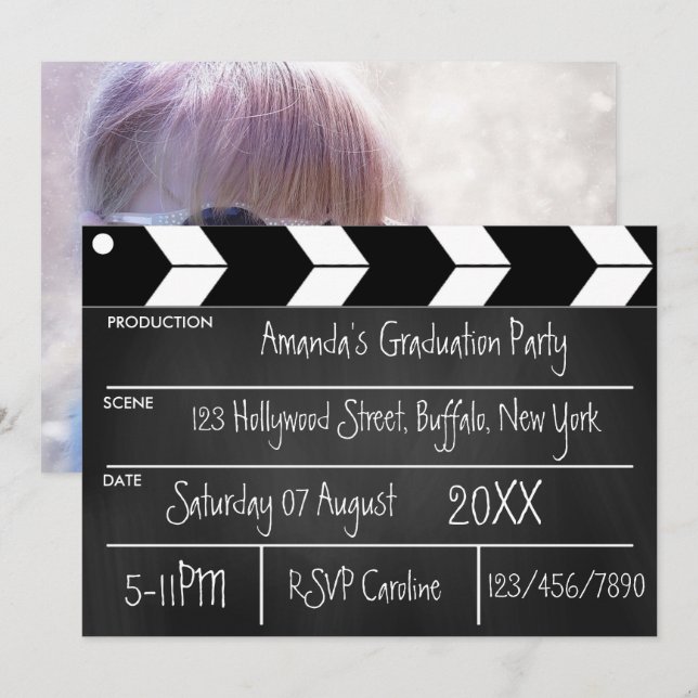 Hollywood Movie Graduation Party Chalkboard Photo Invitation (Front/Back)