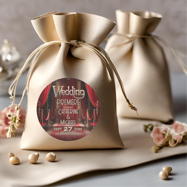 Hollywood Movie Red Carpet Premiere Wedding Classic Round Sticker (Front view red carpet glam celebrity style luxe – Red Carpet Wedding Sticker)