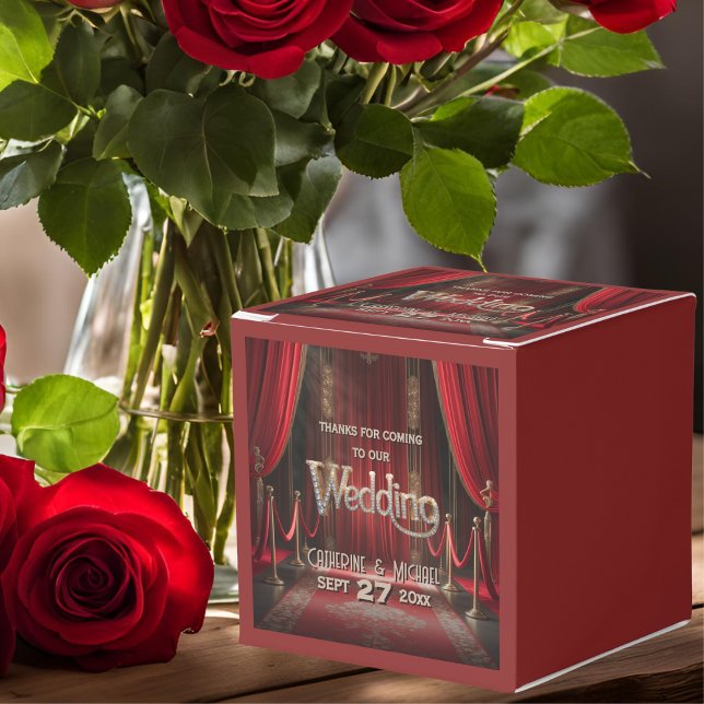 Hollywood Movie Red Carpet Premiere Wedding Favour Box (Angled view paparazzi flash vintage silver screen glam – Red Carpet Wedding Favor Box)