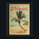 Hollywood Palm Tree Vintage Travel Postcard<br><div class="desc">A uniquely retro mid-century modern Hollywood Florida art print in vintage travel poster style. It features a curved palm tree on sandy beach with ocean under a blue cloudy sky.</div>