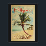 Hollywood Palm Tree Vintage Travel Postcard<br><div class="desc">A uniquely retro mid-century modern Hollywood Florida art print in vintage travel poster style. It features a curved palm tree on sandy beach with ocean under a blue cloudy sky.</div>