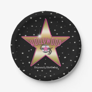 Hollywood Pink & Gold Star Black Birthday Party Paper Plate