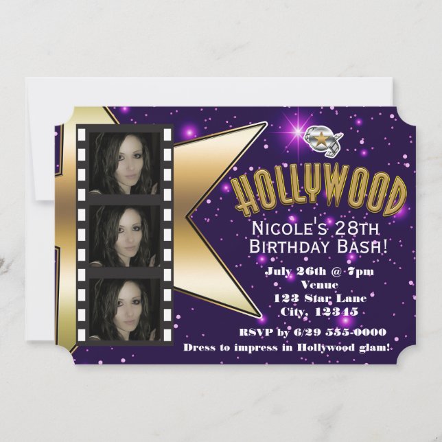 Hollywood Purple Stars 3 Photo Birthday Invitation (Front)