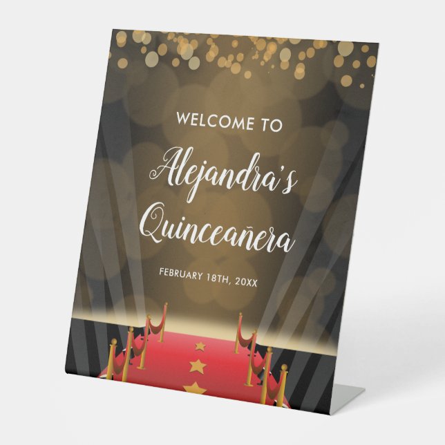 Hollywood Red Carpet Quinceanera Welcome Pedestal Sign (Front)
