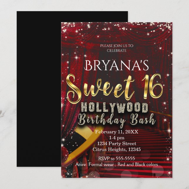 Hollywood Red Carpet Stairs SWEET 16 Birthday Invitation (Front/Back)