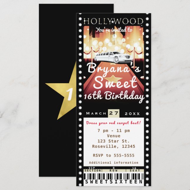 Hollywood Red Carpet VIP Party Ticket Invitation (Front/Back)