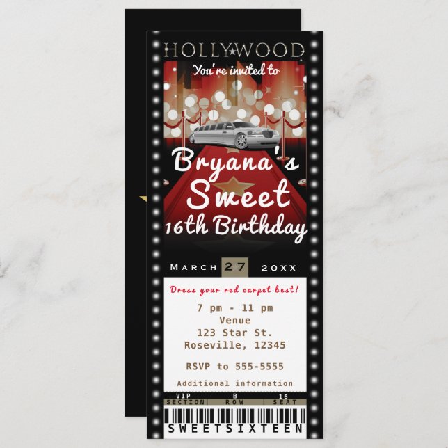 Hollywood Red Carpet VIP Party Ticket Invitation (Front/Back)