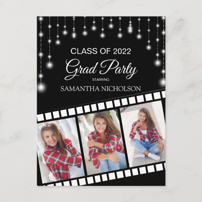 Hollywood Reel 3 Photo Black Silver Graduation Postcard (Front)