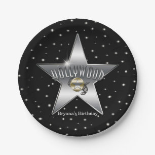 Hollywood Silver Star Black Birthday Party Paper Plate