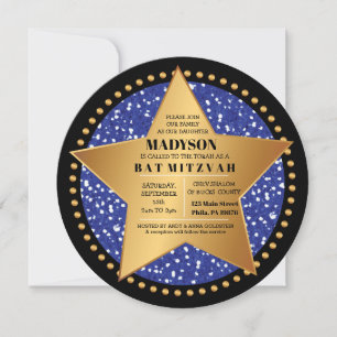 HOLLYWOOD STAR Blue Bar Bat Mitzvah Invitation