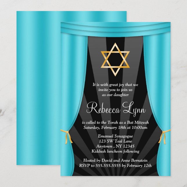 Hollywood Star of David Teal Blue Bat Mitzvah Invitation (Front/Back)