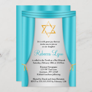Hollywood Star of David Teal Silver Bat Mitzvah Invitation