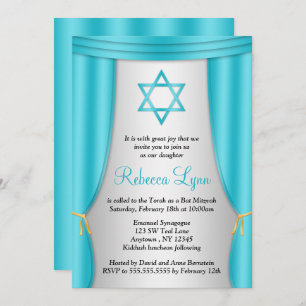 Hollywood Star of David Teal Silver Bat Mitzvah Invitation
