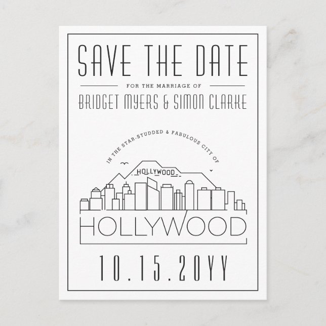 Hollywood | Stylised Skyline Save the Date Postcard (Front)