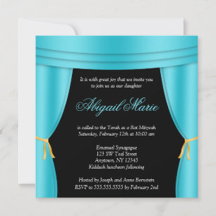 Hollywood Teal Blue Curtain Bat Mitzvah Square Invitation