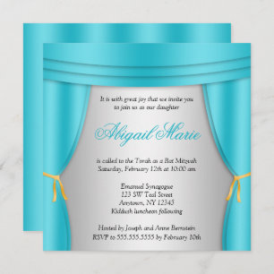 Hollywood Teal Silver Curtain Bat Mitzvah Square Invitation