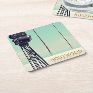 Hollywood Vintage camera Travel poster Square Paper Coaster