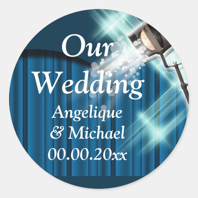 Hollywood wedding announcement couple blue classic round sticker (Front)