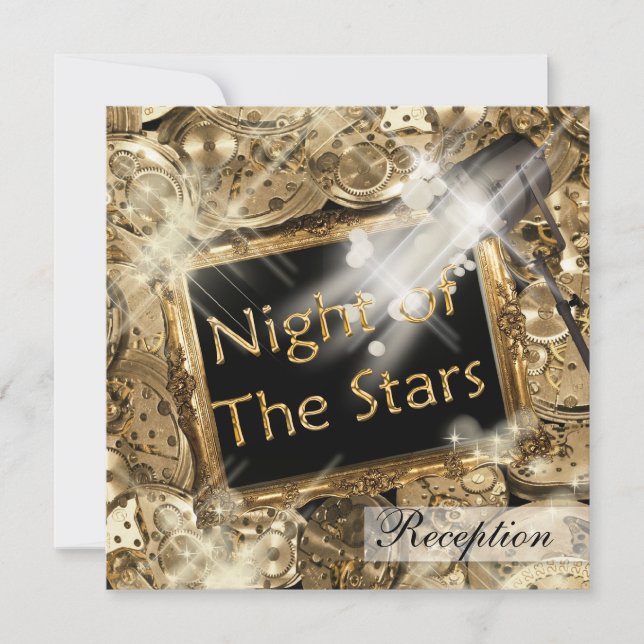 Hollywood wedding reception gold black invitation (Front)