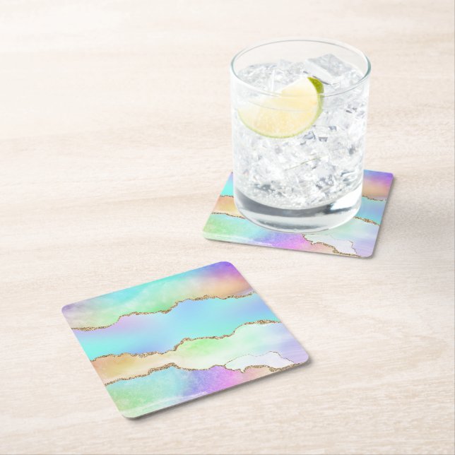 Holo Agate | Faux Iridescent Pastel Ombre Marble Square Paper Coaster (Insitu)