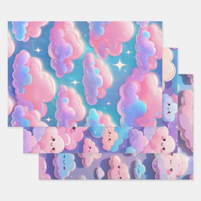 Holo Fluffy Pastel Clouds Wrapping Paper Sheet (Set)