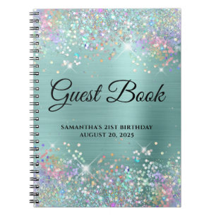 Holo Glitter Pale Turquoise 21st Bday Guestbook Notebook