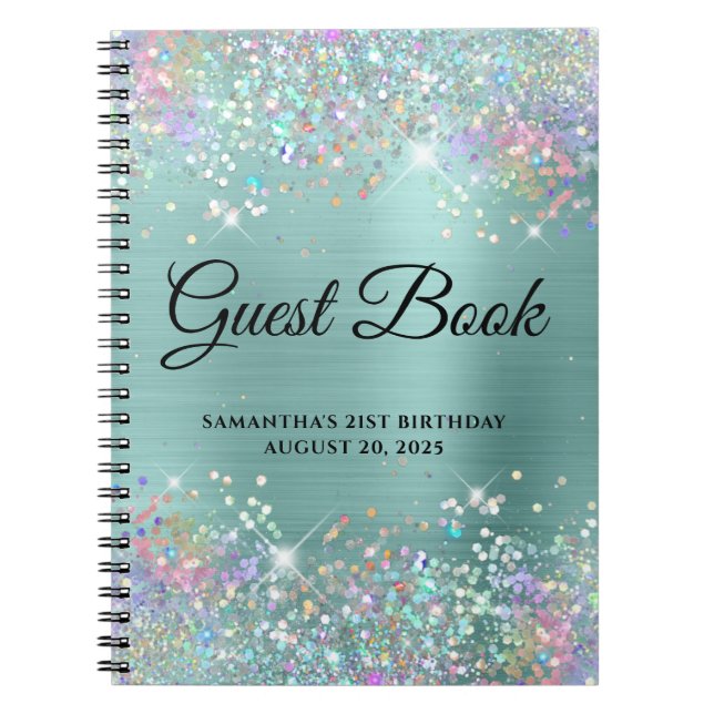 Holo Glitter Pale Turquoise 21st Bday Guestbook Notebook (Front)