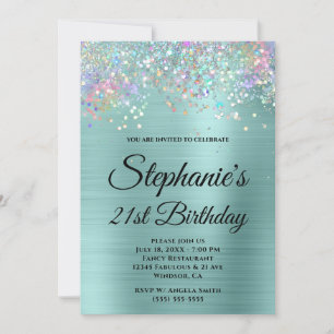 Holo Glitter Pale Turquoise Foil Fancy Monogram Invitation