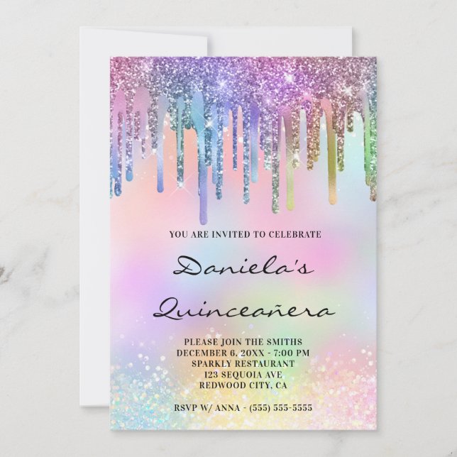 Holo Glitter Rainbow Drips Quinceañera Invitation (Front)