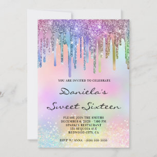 Holo Glitter Rainbow Drips Sweet Sixteen Invitation