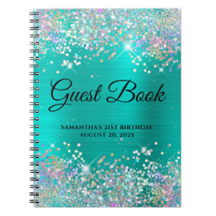 Holo Glitter Turquoise 21st Birthday Guestbook Notebook