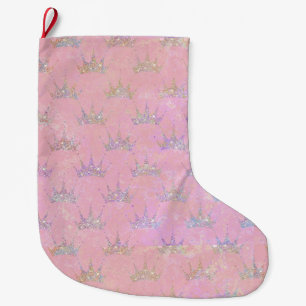 Hologram Holograph Glitter Crown Pink Swirl Marble Large Christmas Stocking