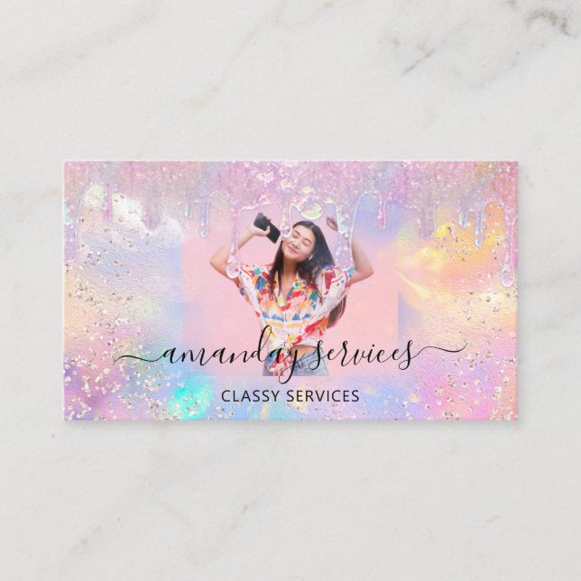 Holograph Boutique Shop Drips QR Logo CustomPhoto  Business Card (Front)