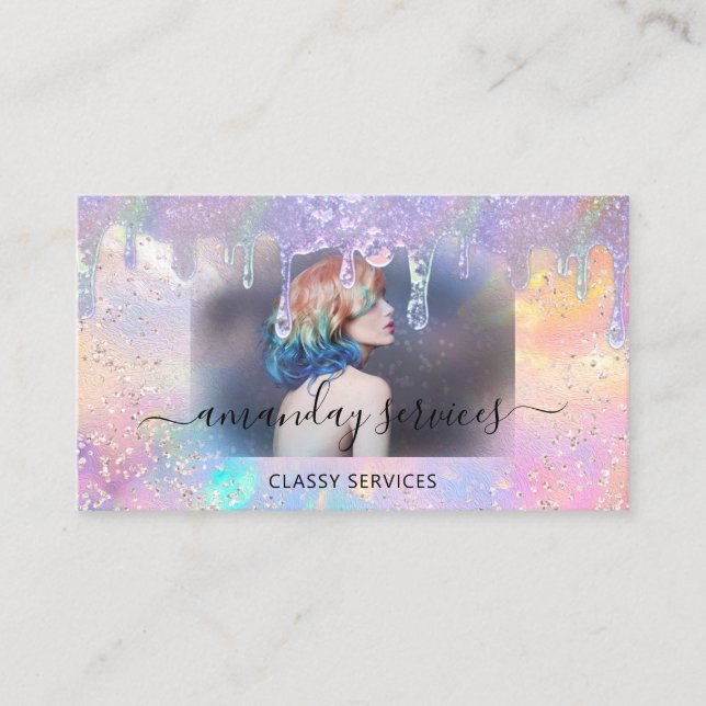 Holograph Boutique Shop Drips QR Logo Photo Hair Business Card (Front)