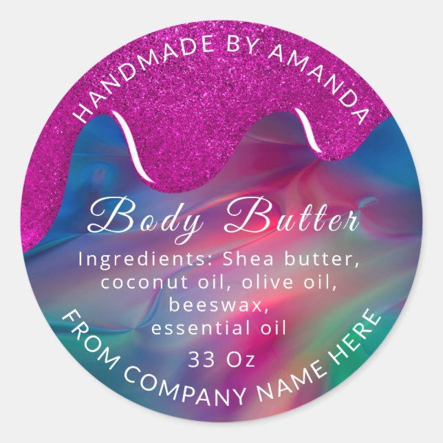 Holograph Custom Logo Name Body Butter Drip  Pink  Classic Round Sticker (Front)