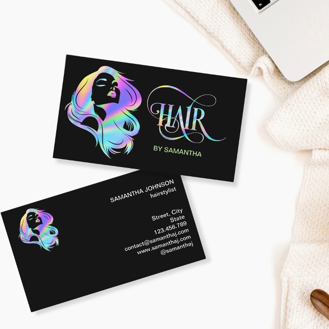 Holograph Hair stylist typography hair extension Business Card (Creator Uploaded)